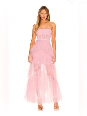 BCBG MAXAZRIA Pink Tulle Layered Spaghetti-Strap Evening Dress